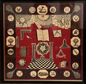 A silk handkerchief measuring about 1mtr square it was identified in 1912 as a Snuff handkerchief English mid-19th century
